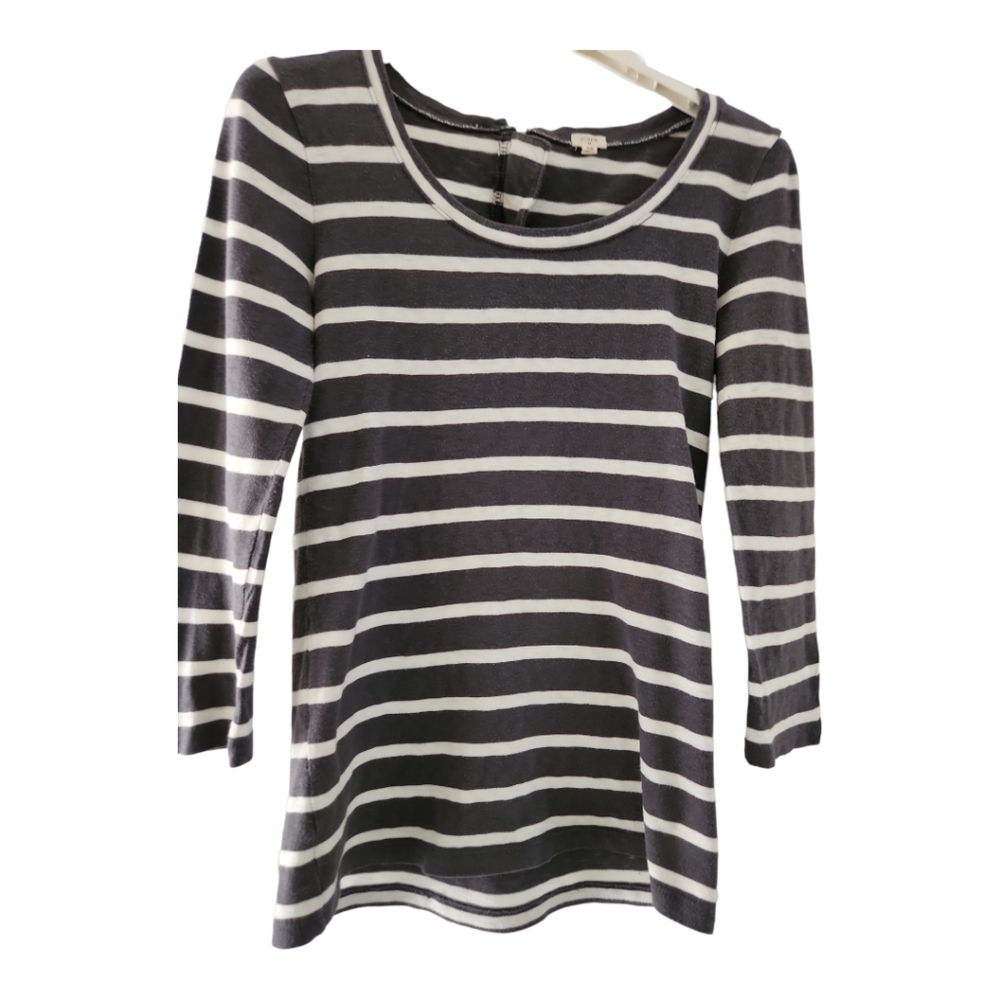J. Crew Striped Jersey Size XS Grey Cotton Top Back Zip 3/4 Sleeve